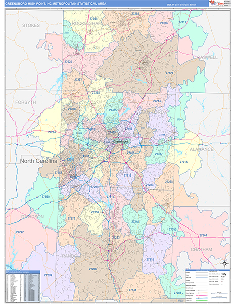 Greensboro-High Point Metro Area Wall Map Color Cast Style